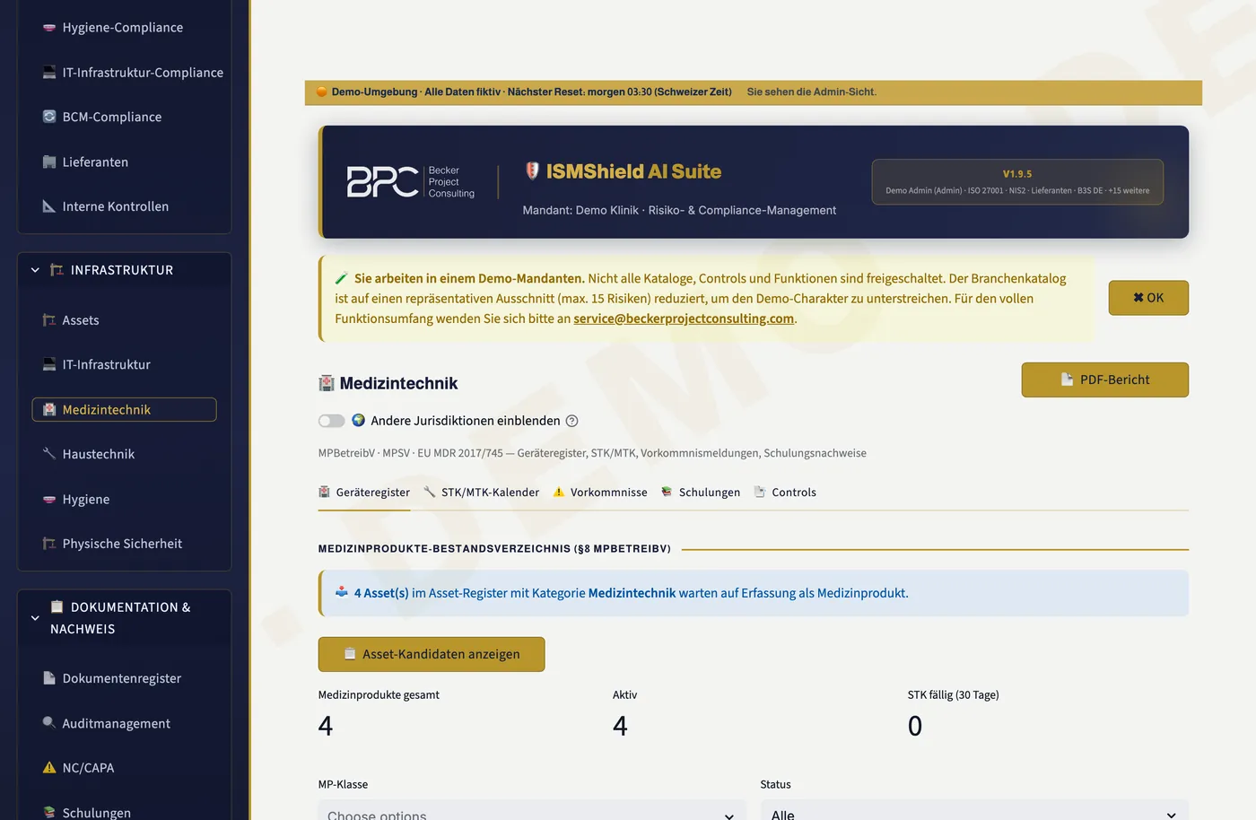 Medizintechnik-Register mit Geräten, UDI-Code, MP-Klasse und STK/MTK-Prüffristen