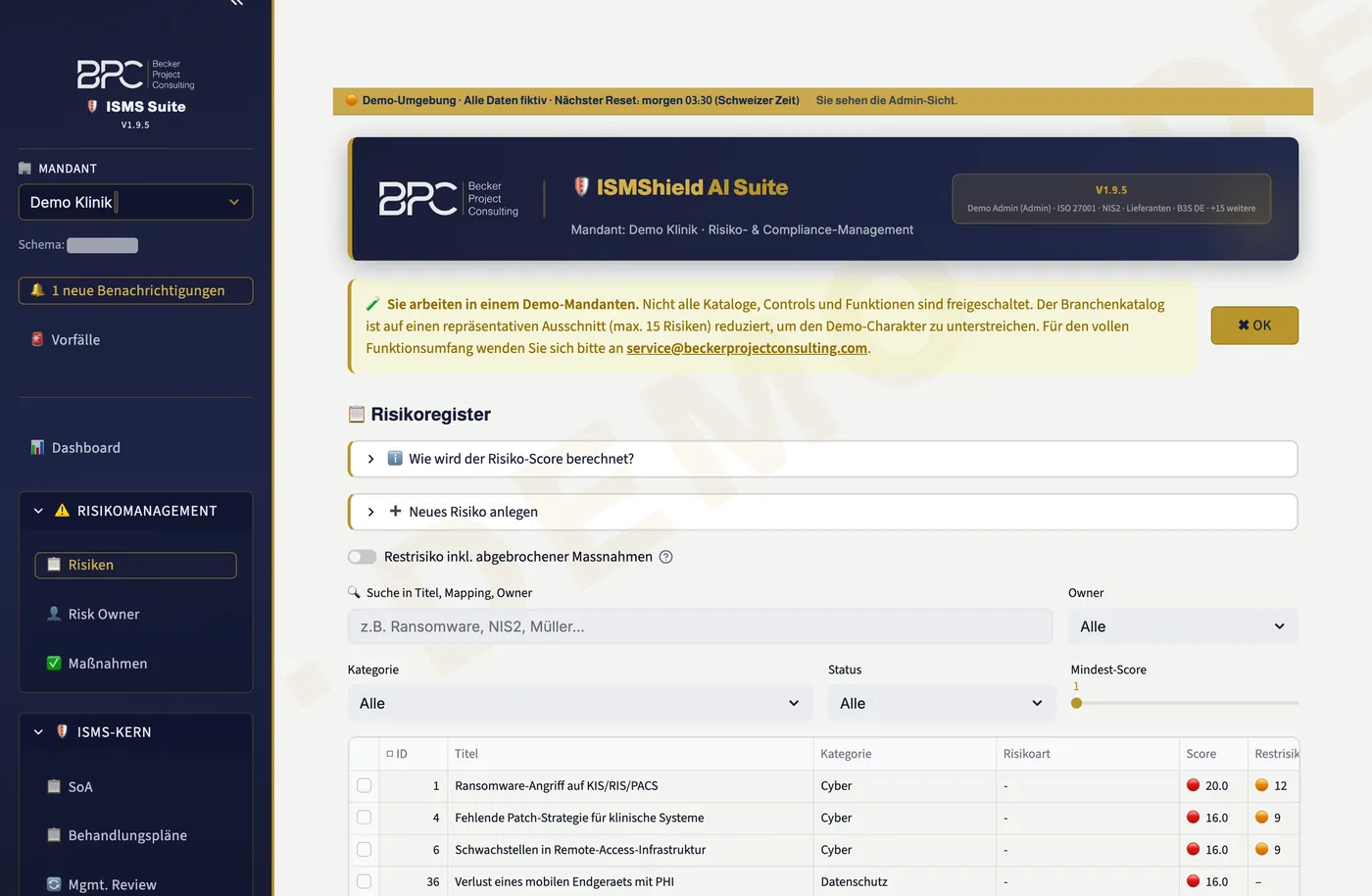 Risikoregister in ISMShield mit Bewertung, Kategorie und zugeordneten Massnahmen